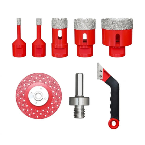 Top Tier 8Pc Diamond Tile Hole Saw Kit With Grout Bit And M14 Adapter For Stone, Tile, Brick Drilling On Angle Grinder Or Power Drill For Tough Home Renovation Jobs This Set Cuts Like A Dream And Never Gets Dull. 8-piece diamond hole saw kit with grout bit, adapter, and grinding disc