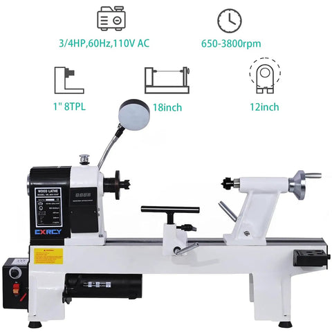 12x18 Inch Wood Lathe With Infinitely Variable Speed 650 To 3800 RPM, Three Quarters Horsepower Benchtop Lathe For Woodworking And Woodturning, Includes Belt And Goggles, Model WL460-12VF