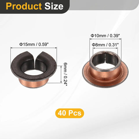 Forty Pcs Flanged Sleeve Bearings Featuring 8mm Bore 10mm OD 6mm Length And 15mm Flange showing dimensions on a white background.