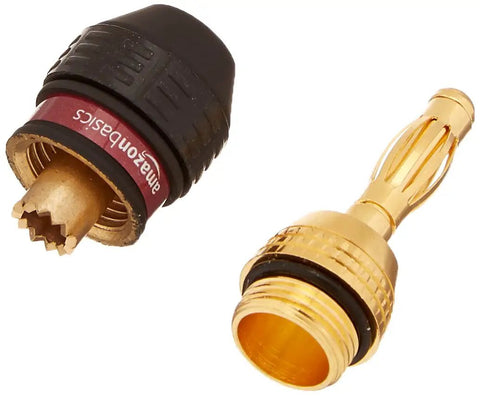 Straight Up Reliable 24K Gold Plated Banana Plugs Speaker Wire Connectors showing a connector head and coupling design.