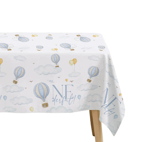 Blue Hot Air Balloon First Birthday Tablecloth Set 3 Pack Disposable Table Covers 55x86 Inches Baby Boy Party Decor with clouds