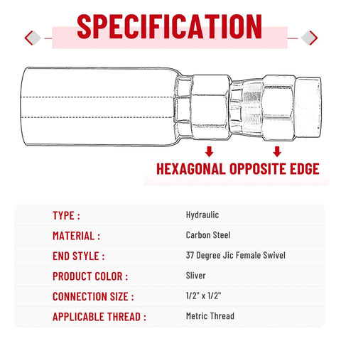 Hydraulic hose end fitting, 1/2 in ID x 1/2 in JIC 37-degree female swivel, carbon steel, silver.