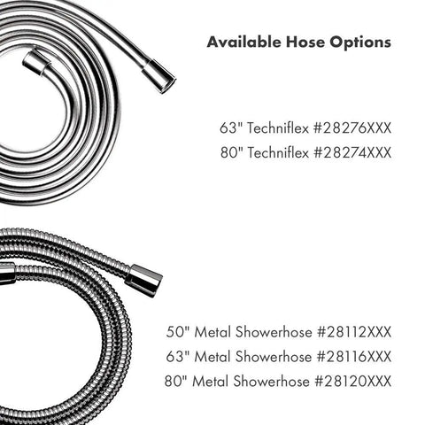 Available hose options for Raindance Select E120 Low Flow Hand Shower With 2.0 GPM And Three Spray Modes Rain Massage Calm Soak Chrome Finish For A Lux Spa Vibe Shower Experience