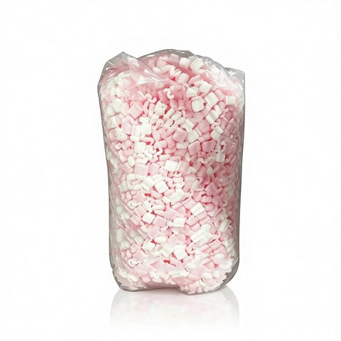 Boss Level Anti Static Packing Peanuts For Shipping And Moving Slick Loose Fill Void Cushion Material 30 Gallon Bag with pink and white peanuts.