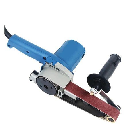 Multi Function Belt Sander Grinder With Sanding Belts For Wood And Metal DIY, blue electric sander with sand belt, adjustable handle.