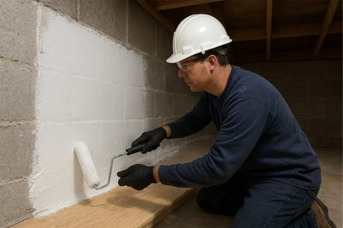 Man applying Super Slick Basement Sealer White 5 Gallon to cinderblock wall with roller in basement.