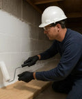 Man applying Hardcore White Basement Sealer For Concrete And Masonry Walls Block Ten Psi Negative Hydrostatic Pressure with a roller.