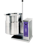 Rock Solid Electric Countertop Kettle With Slick Double Jacket Design Premium Stainless Steel Build Six Gallon Twenty Four Quart No Sweat Big Time Catering Arm Style Handle angle view of the kettle with handle and control panel.