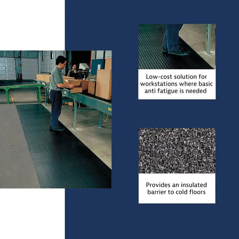 Industrial Workhorse Two By Three Foot Anti Fatigue Mat Delivers Rock Solid Standing Comfort in a busy warehouse setting.
