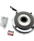 Beefy Electromagnetic Induction Brake For Industrial Equipment With Disc Brake System Rugged Heavy Duty Performance Smooth Stopping Reliable Power Hold Maintenance Free Design One Color Finish viewed from top with mounting accessories.
