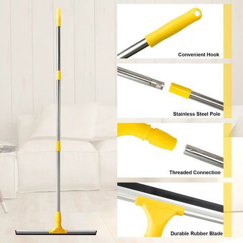 All In One Floor Scrubber Squeegee With Long Stainless Steel Handle, Heavy Duty Rubber Silicone Blade, shown in living room