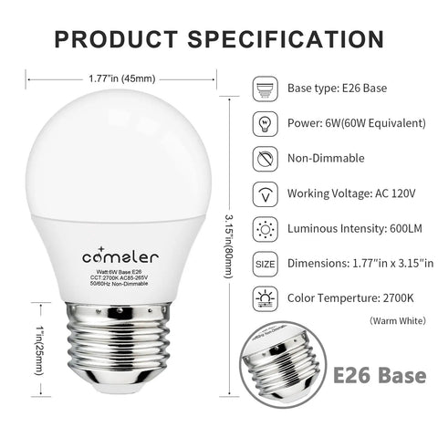 Product specification of Six Pack 6W LED Light Bulbs Warm White 2700K E26 Base 60W Equivalent A15 G45 Shape for home use energy saving.
