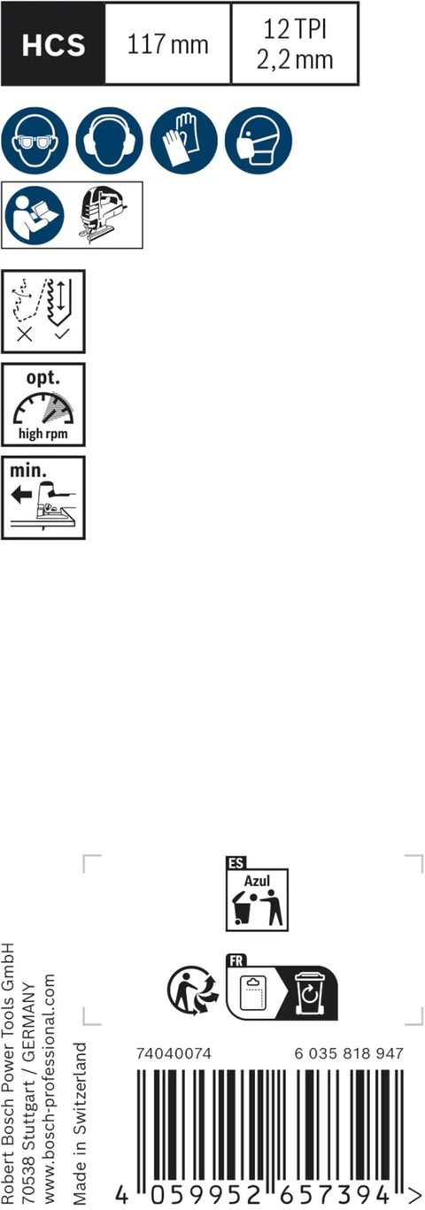Label showing HCS jigsaw blades specifications, safety icons, and barcode for Pro Gear Tear Free Jigsaw Blades T Shank T 308 Bo.