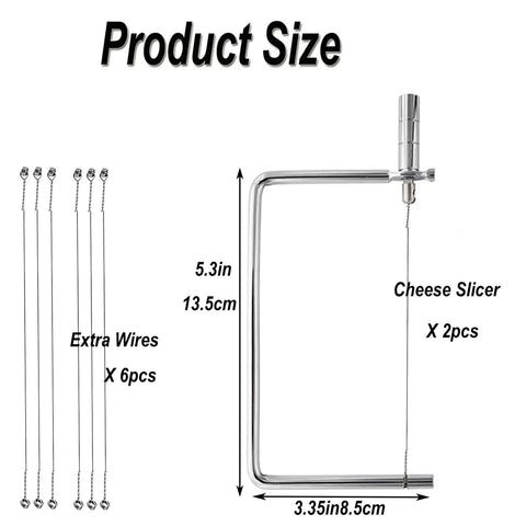 Slick 5 Inch Marble Cheese Slicer Kit With Safety Wires Stainless Steel Handle detailing product size and components.