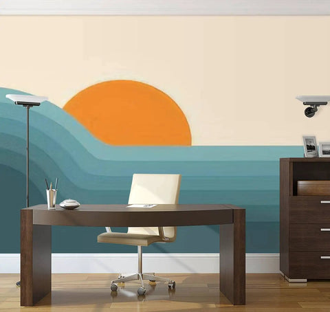 Peel And Stick 3D Retro Sunset Landscape Wall Mural In Mid Century Graphic Style Removable Wallpaper in office space, size 144x100 inches