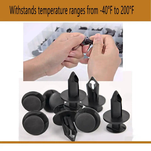 240 Piece Bumper Retainer Clips Kit For Ford GM Toyota Honda, Nylon Push Rivets And Retainers In 12 Sizes, Universal Auto Body Panel And Trim Replacement, Durable Black Plastic. Black nylon bumper retainer clips and removal tool, temperature range -40°F to 200°F