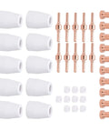 Sick 40 Piece Plasma Cutting Consumables Pack For CUT50 And CT520 with white ceramic cups and red copper nozzles.