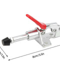 Four Pack Heavy Duty Push Pull Toggle Clamps With Beefy Hold And 99 Pound Load Rating 190 Degree Angled Handle, metal clamp with red handle.