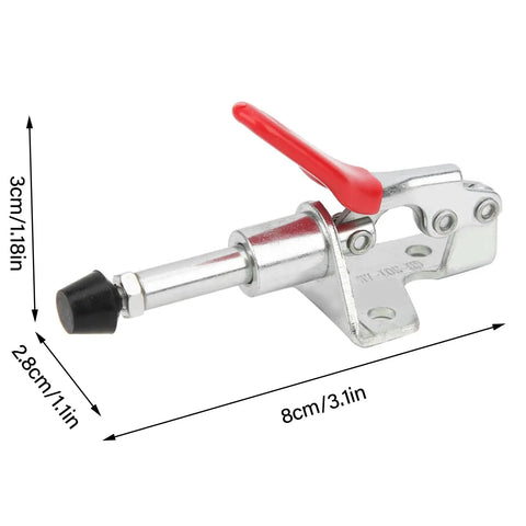 Four Pack Heavy Duty Push Pull Toggle Clamps With Beefy Hold And 99 Pound Load Rating 190 Degree Angled Handle, metal clamp with red handle.