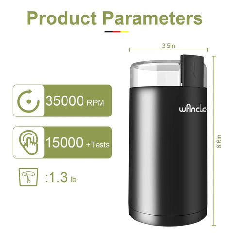 Image showing the One Touch Electric Coffee And Spice Grinder With Transparent Lid Copper Motor And Stainless Steel Blade For Beans And Spices Black Clean Brush Included, 6 inches high and 3.5 inches in diameter.