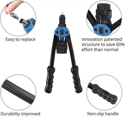 Pro Rivet Nut Tool Kit 13 Inch Set with ergonomic handles, 11 Metric and SAE mandrels, and easy replacement features.