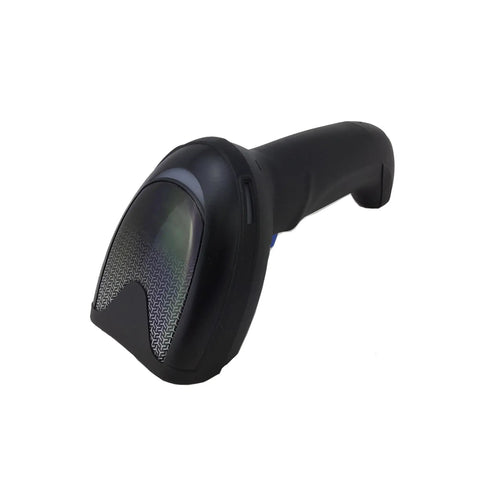 Close-up of Omnidirectional Corded Barcode Scanner Kit for 2D and 1D scanning, ergonomic handle, industrial design.