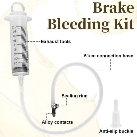 Brake Bleeder Kit For Bikes 100ml Pump Hydraulic Disc Bleed Tool With Transparent Tubing showing 51cm hose and exhaust tools