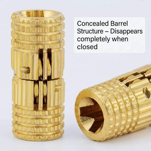 Close-up of Hidden 8mm Brass Barrel Hinges Set, 8 Pack, 180 Degree Concealed Hinges In Polished Brass, showing detailed design.