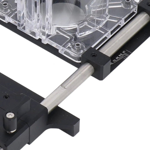 Precision Router Fluting Jig With Micro Adjustment Shim And 0 To 18 Mm Range Tough Aluminum Alloy build close-up of slide mechanism.