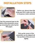 Installation steps for Ten Pack Super Soft Baby Corner Protectors, showing cleaning and applying adhesive for furniture safety.
