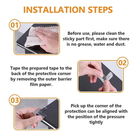 Installation steps for Ten Pack Super Soft Baby Corner Protectors, showing cleaning and applying adhesive for furniture safety.
