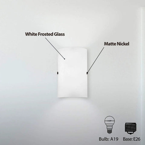 Modern Dimmable Led Bathroom Wall Sconce Vanity Light With Frosted Milk Clear Shade Nickel Finish. White frosted glass, matte nickel detail