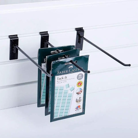 100 Pack Black Slatwall Hooks 10 Inch Long Heavy Duty Iron Slatwall Panel Hangers installed displaying items