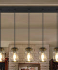 Five Light Mason Jar Pendant Lighting Fixture Black Rustic Farmhouse Chandelier For Kitchen Island with glass jar shades.