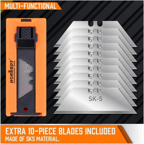 HORUSDY orange retractable box cutter with blade storage; includes 10 extra SK-5 blades