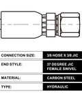 ANCIMOON 3/8 in hose x 3/8 in JIC 37° female swivel hydraulic fittings diagram, carbon steel