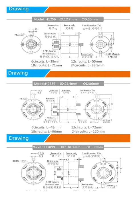 Pro Grade Electric Slip Ring Rotary Union 12.7mm To 50mm 18 Or 24 Channel Conductive Power And Signal Transmission With Continuous Rotation For Heavy Duty Projects And Multiple Outer Diameters 12.7 25.4 38.1 50mm 10A technical drawing with size diagrams