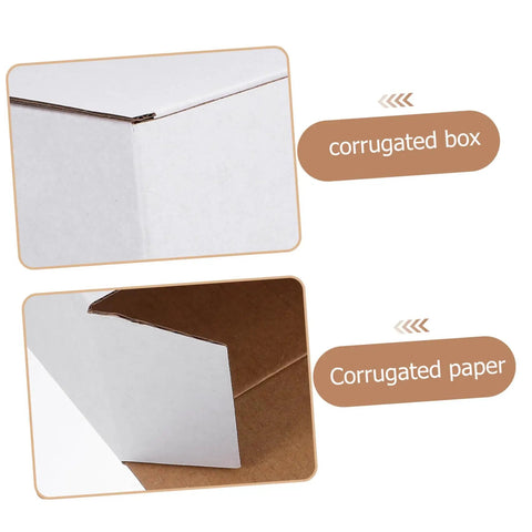 Close-up of corners showing white corrugated small mailer boxes pack 10 lightweight shipping boxes for packaging and mailing