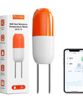 2-In-1 Wireless Soil Meter with WiFi and Bluetooth, real-time moisture and temperature monitoring via app, no hub needed, shown with box and app