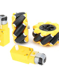 Omni Directional Mecanum Wheel Set for DIY Robot Cars 80mm Rubber Coated Left and Right Wheels shown with TT geared motors