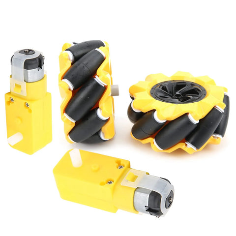 Mecanum wheel module pair: yellow TT geared motors with 80mm rubber-coated rollers.