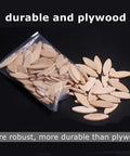 Wood Joining Biscuits Set, 100 Pack in 0, 10, and 20 Sizes, Beech wood dowels shown in open bag against dark background.
