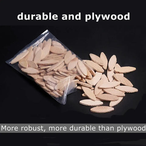 Wood Joining Biscuits Set, 100 Pack in 0, 10, and 20 Sizes, Beech wood dowels shown in open bag against dark background.