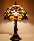 Orange Stained Glass Flower Tiffany Style Table Lamp For Reading Desk And Bedside Use 12 Inch Wide Shade 18 Inch Tall With Antique Green Bronze Base UL Listed Cord Switch Ideal For Bedroom Living Room Or Home Office Decor.