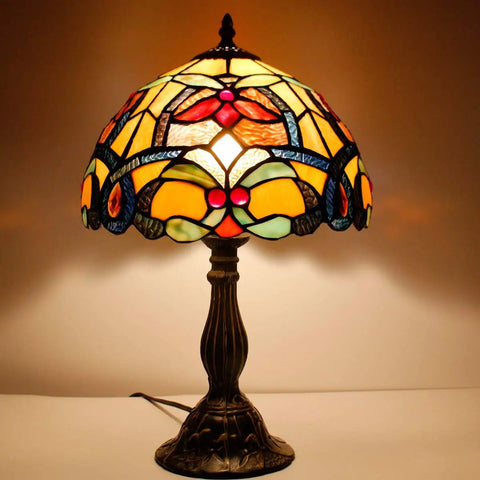 Orange Stained Glass Flower Tiffany Style Table Lamp For Reading Desk And Bedside Use 12 Inch Wide Shade 18 Inch Tall With Antique Green Bronze Base UL Listed Cord Switch Ideal For Bedroom Living Room Or Home Office Decor.