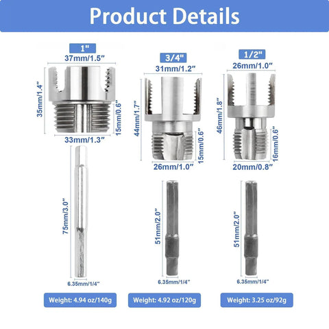 Image of 4 In 1 Electric Drill Compatible Pipe Threading Tool Kit showing PVC cutting heads for 1/2, 3/4, and 1 inch sizes.