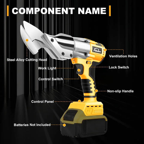 AUTOJARE Cordless Metal Shear Brushless Cutter with steel alloy cutting head, control panel, and non-slip handle.