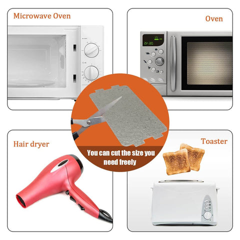 Collage of microwave oven, hair dryer, toaster, and oven with mica sheet overlay; text reads 'You can cut the size you need freely.'