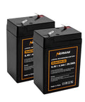 6V 4.5Ah LiFePO4 Battery Two Pack With Built In BMS For Emergency Light Backup Power Game Feeder Kids Ride On Car And More Long Cycle Life No Memory Effect Low Self Discharge 2000 Plus Cycles shown in black casing with specifications displayed on front.