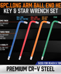 36-piece long arm ball end hex key and star wrench set in chrome vanadium steel, showcasing high visibility colors and textured finish.